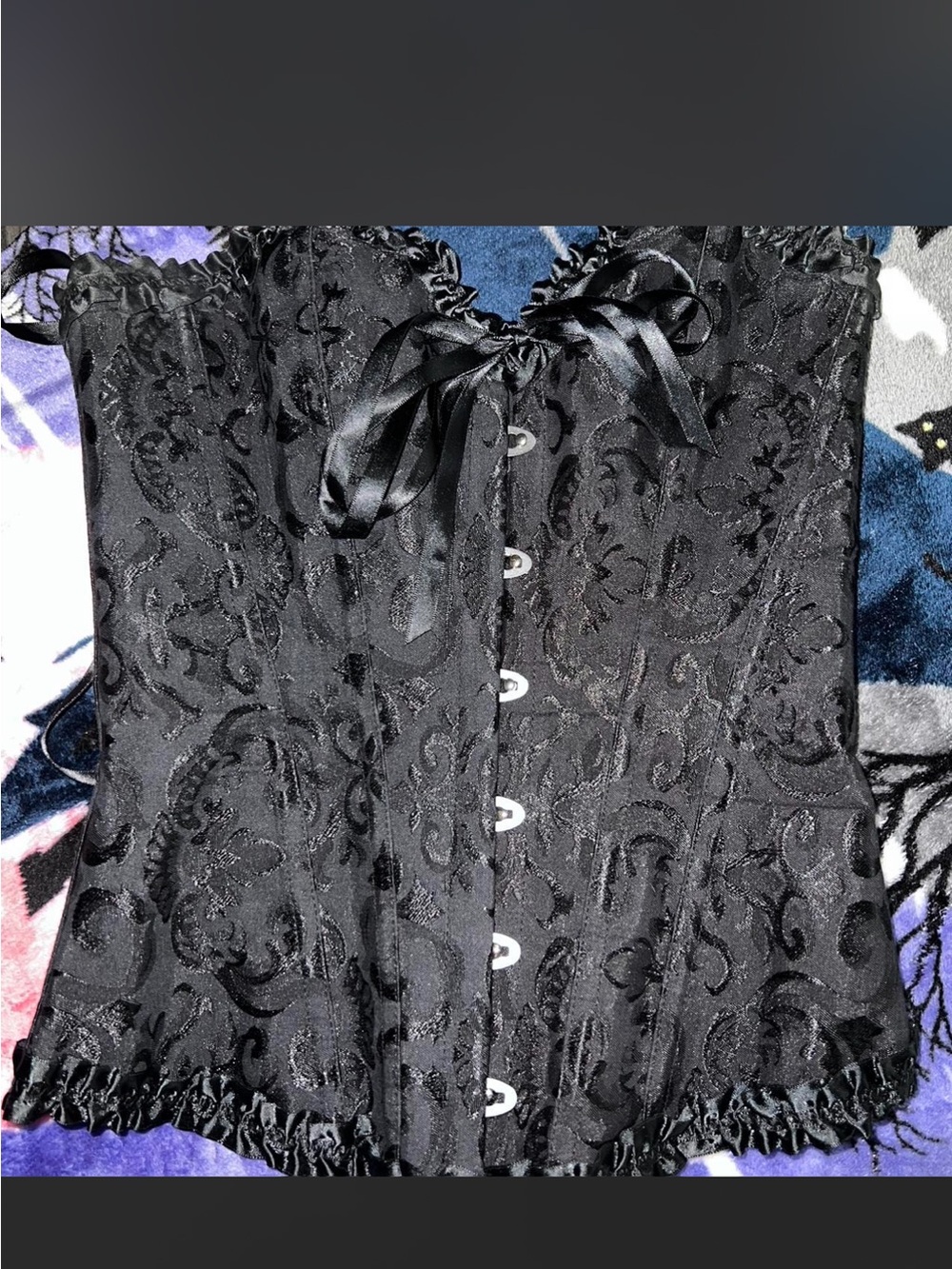 Black Brocade Corset Top with Ribbon Front